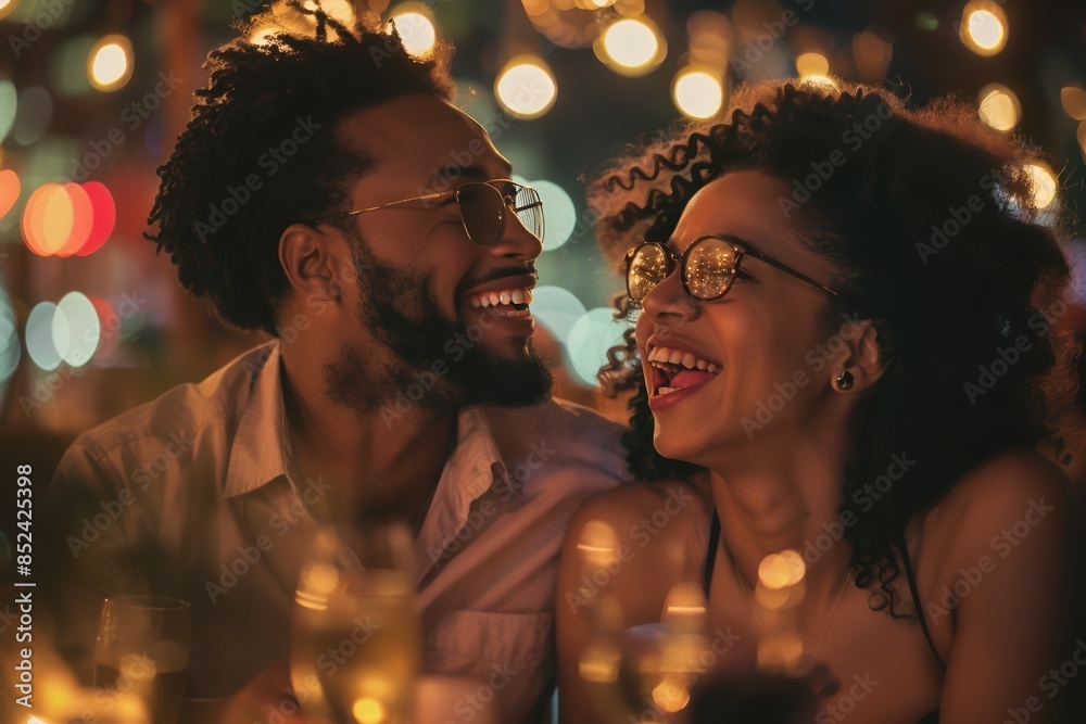 A smiling couple enjoys a joyful evening together with soft, warm lighting and bokeh effects, creating a romantic and lively atmosphere. A smiling couple enjoys a joyful evening together with soft, warm lighting and bokeh effects, creating a romantic and lively atmosphere.