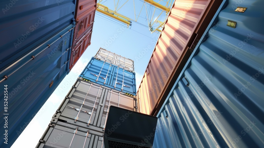 Obraz premium A view from below of insulated shipping containers placed next to a laptop.