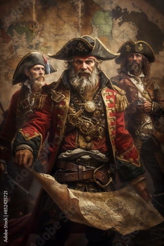 Three pirates in elaborate attire stand before an ancient map, deep in consultation, with an old-fashioned map in the background suggesting a tactical discussion or quest.