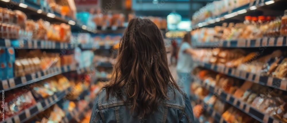 A woman with brown hair in a denim jacket stands in a supermarket aisle, surrounded by various products on the shelves.