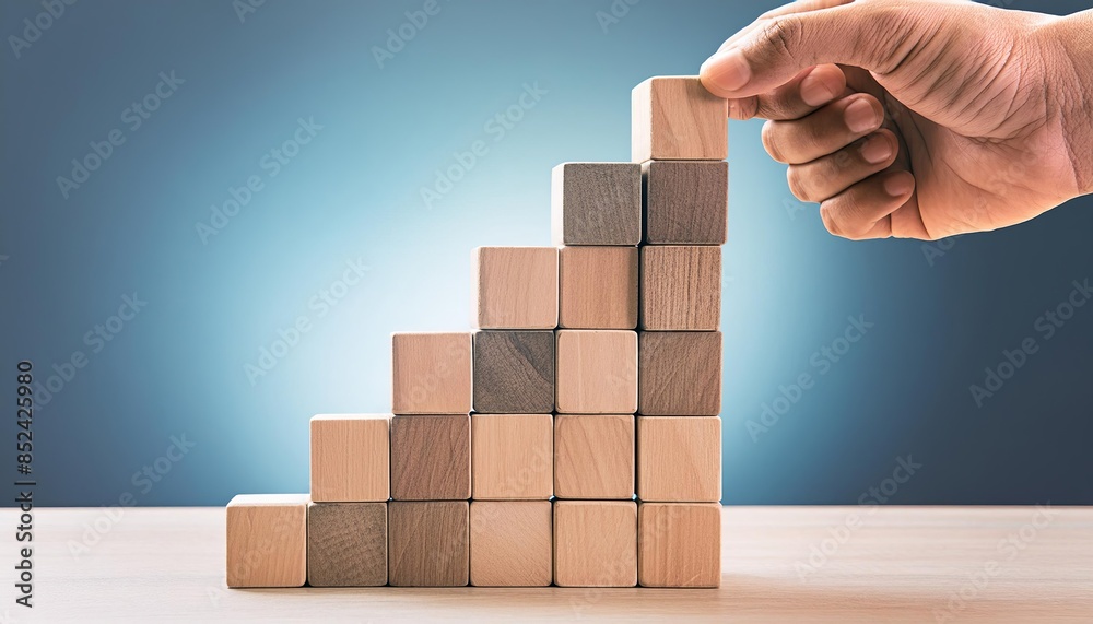 Hand placing wooden blocks in a structured manner against a blue bokeh background, symbolizing business strategy and planning. Hand placing wooden blocks in a structured manner against a blue bokeh background, symbolizing business strategy and planning.
