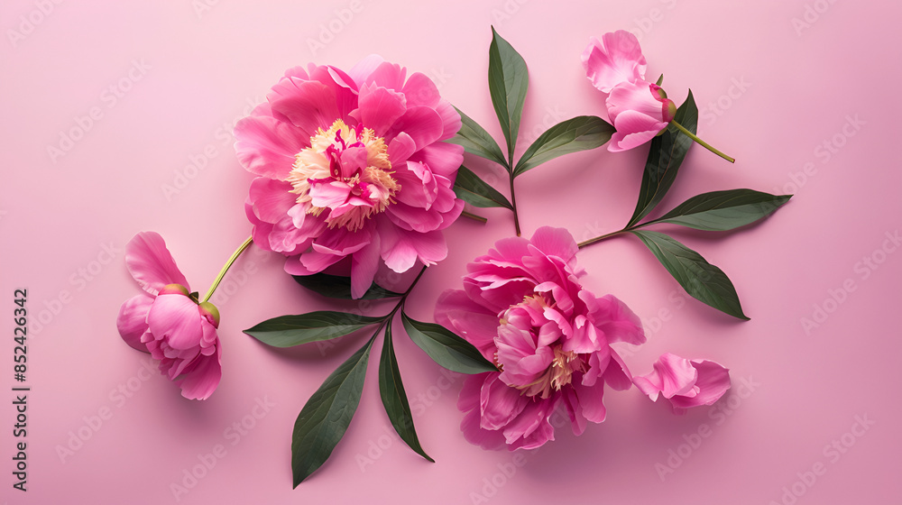 pink peony flowers isolated on white background, studio shot,  Beautiful peony flowers with leaves on white background, top view, Floral pattern of pink peony flowers on beige background, Greeting 

