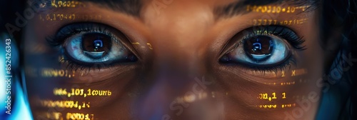 A close-up image of a person's eyes with computer code reflected on their lenses, symbolizing focus and immersion in technology.
