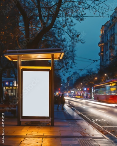 Illuminated bus stop advertisement board on a city street during nighttime, with motion-blurred vehicles and people in the background.