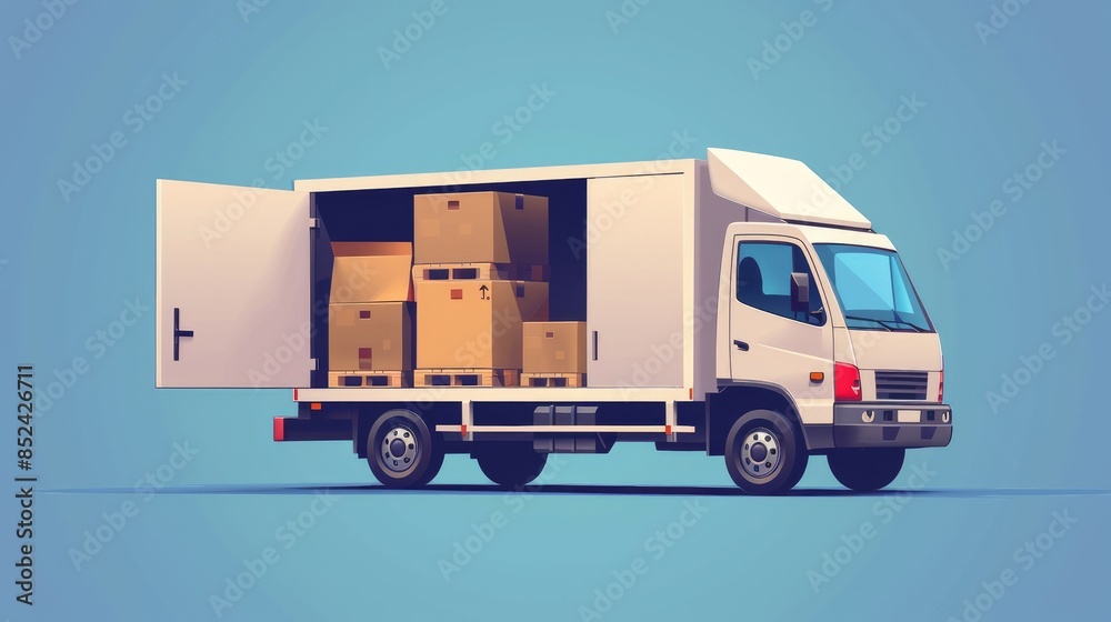 A delivery truck with its doors open, revealing cardboard boxes, alongside a closed truck.








