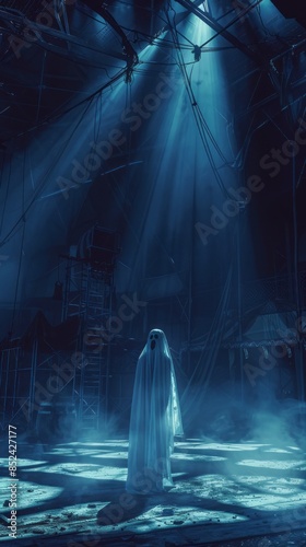 A haunting image of a ghostly figure in an abandoned circus. ,Dark Color light ,vectorline design , illustration , Mobile Wallpaper photo