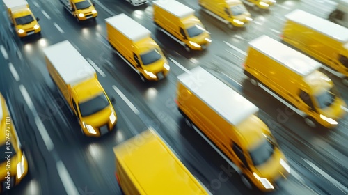 Top view of a row of yellow and white delivery trucks moving at various speeds.

 photo