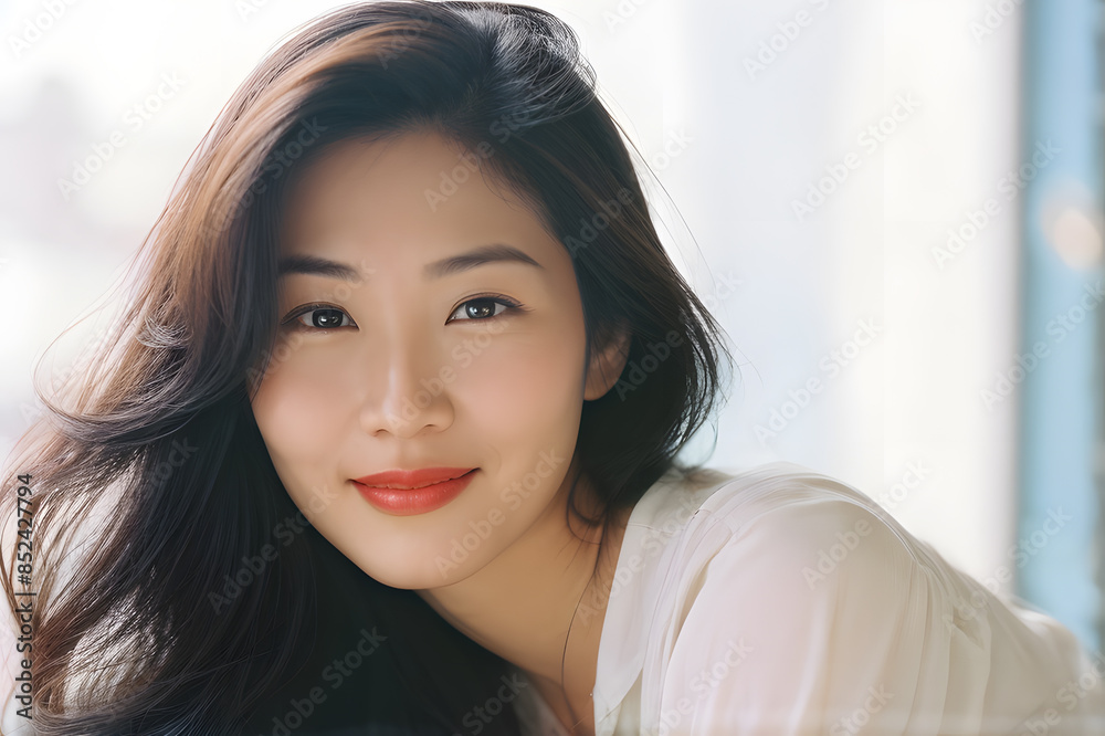 A woman with long brown hair and a white shirt is smiling A woman with long brown hair and a white shirt is smiling