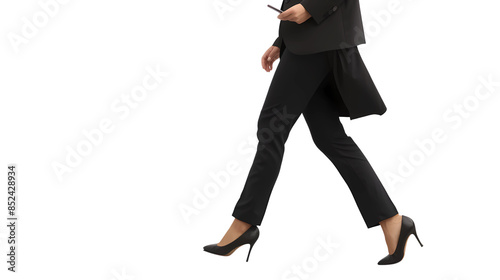 Businesswoman walking, wearing a suit, holding a mobile phone and a pocket book, on transparency background, PNG. photo