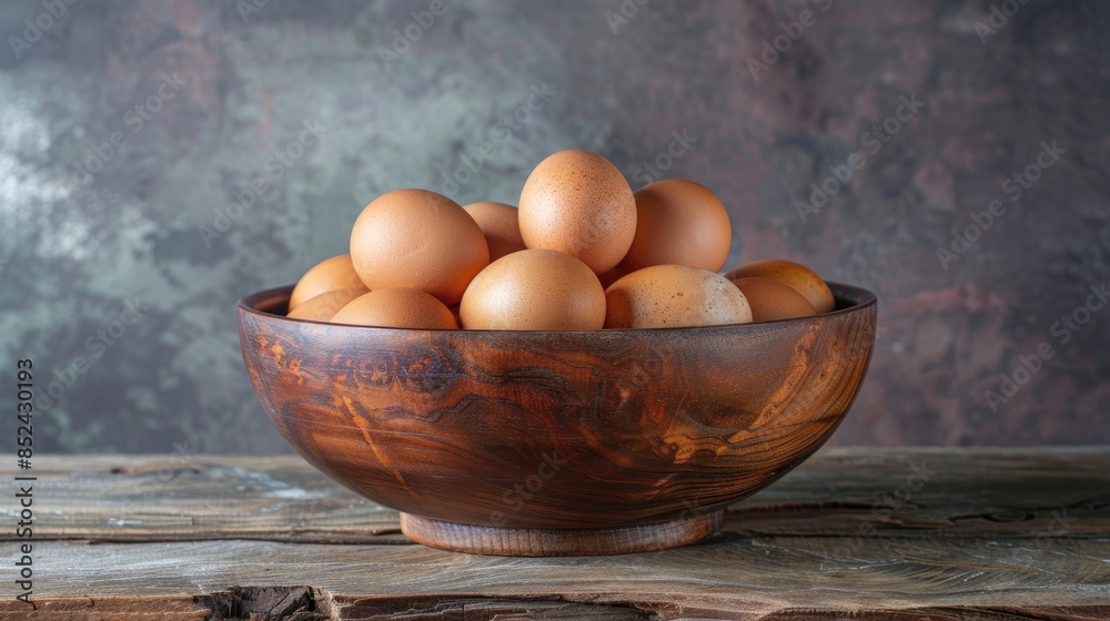 Wooden bowl filled with chicken eggs Wooden bowl filled with chicken eggs