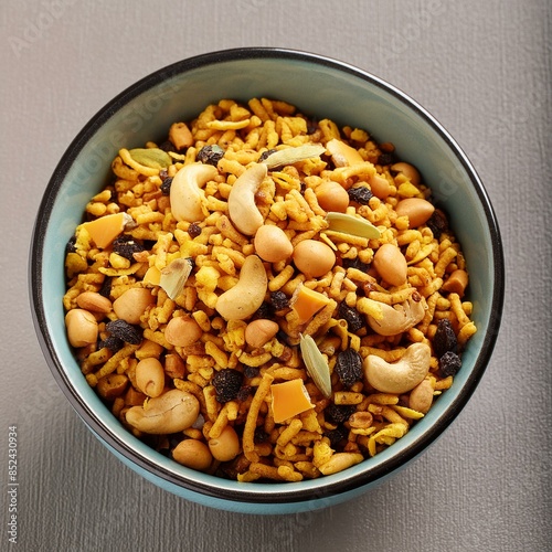 Indian street food mixture namkeen in bowl photo