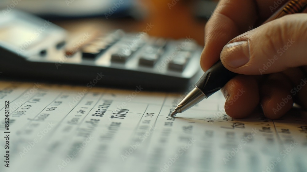 Close-up of hand signing document with pen and calculator in background Close-up of hand signing document with pen and calculator in background
