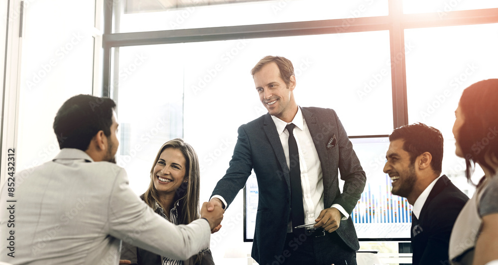 Handshake, hiring and business people in meeting, recruitment and job interview with agreement. Group, employees and staff with gesture, partnership and teamwork for company merger, smile or b2b deal Handshake, hiring and business people in meeting, recruitment and job interview with agreement. Group, employees and staff with gesture, partnership and teamwork for company merger, smile or b2b deal