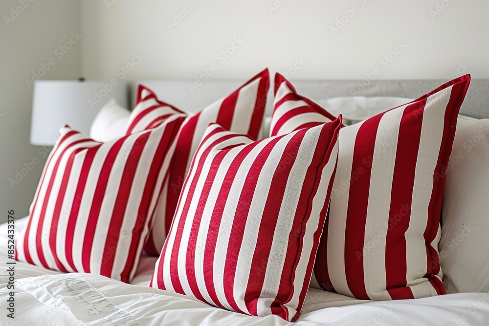 Red and white striped pillows on a bed, showcasing a classic and bold design. Red and white striped pillows on a bed, showcasing a classic and bold design.