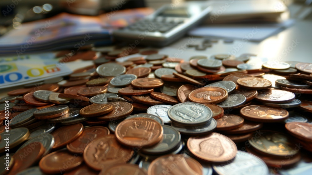 Financial Planning Concept with Coins, Banknotes, Calculator, and Notebook in Background Financial Planning Concept with Coins, Banknotes, Calculator, and Notebook in Background