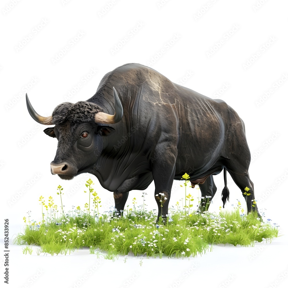 Obraz premium Majestic Taurus Bull Stands Tall in Verdant Meadow on Isolated White Background