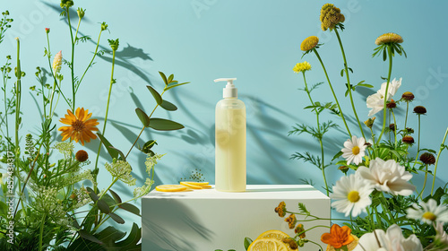 Bottle of fresh perfume with green branches, camomiles flower and lemon slices on nature background.