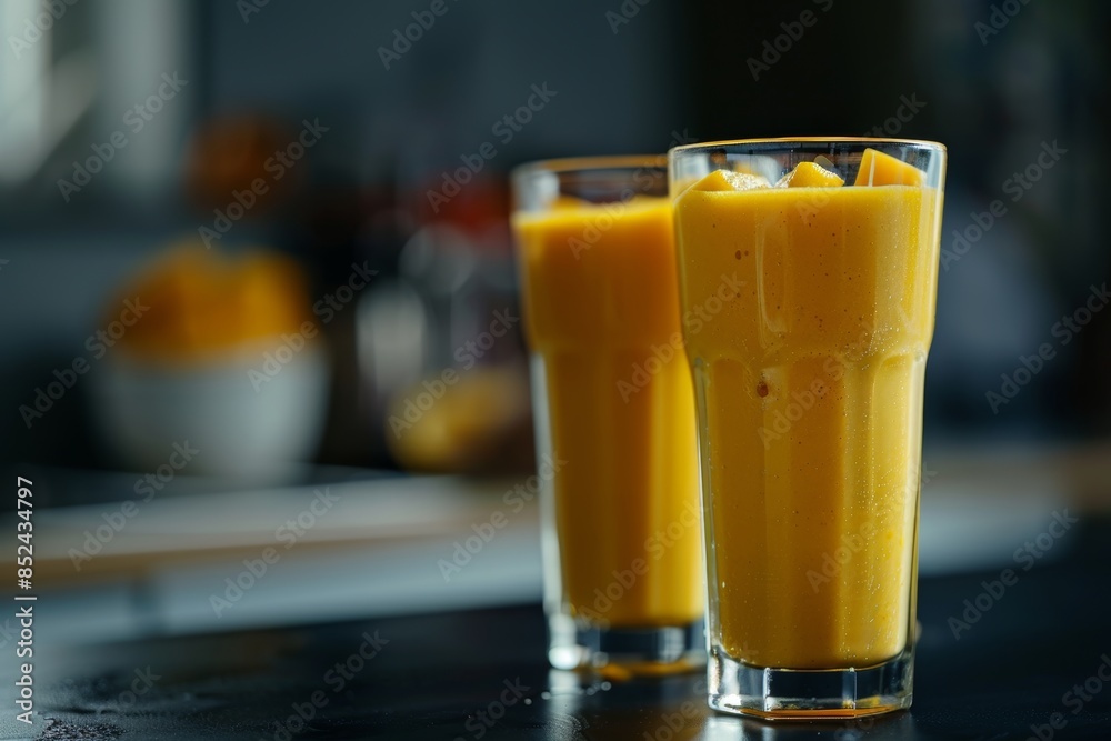 Tall glasses of nourishing mango smoothie for a refreshing and healthy beverage option Tall glasses of nourishing mango smoothie for a refreshing and healthy beverage option
