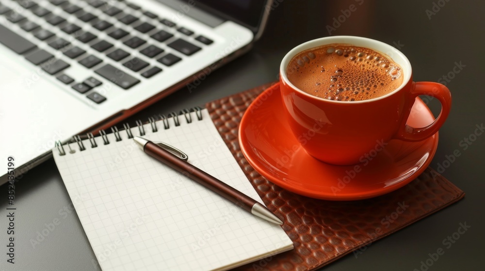 Modern Workspace for New Business: Desk with Notepad, Laptop, and Coffee Cup Modern Workspace for New Business: Desk with Notepad, Laptop, and Coffee Cup