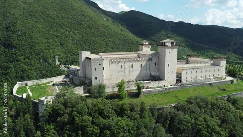 4K aerial footage of the Rocca Albornoziana in Spoleto, which is is a city in Umbria, Italy