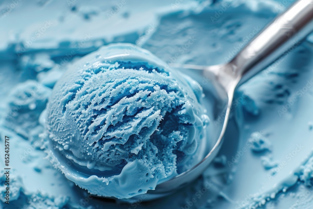 Close-up of a scoop of blue bubble gum flavored ice cream in a metal scoop.