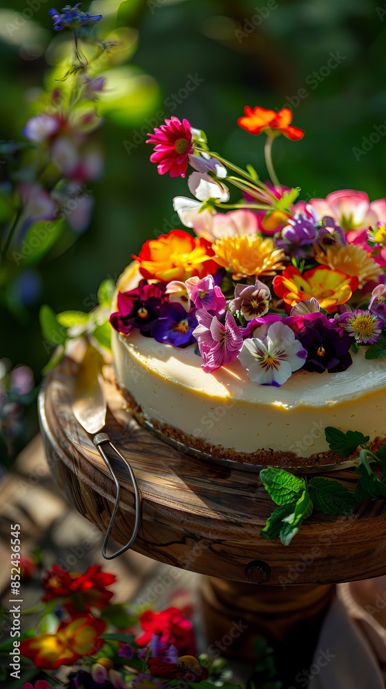 Close up of a cheesecake with flowers Close up of a cheesecake with flowers