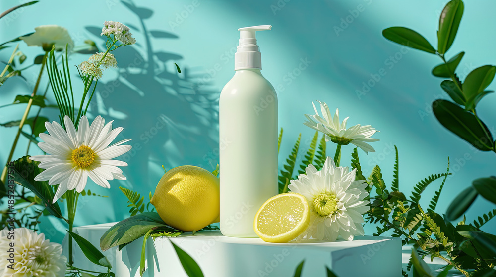 Bottle of fresh perfume with green branches, camomiles flower and lemon slices on nature background. Bottle of fresh perfume with green branches, camomiles flower and lemon slices on nature background.