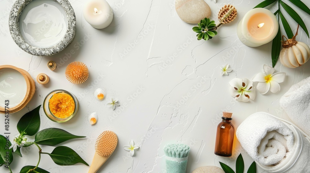 Spa items on white background with space for text Beauty treatment concept Spa items on white background with space for text Beauty treatment concept