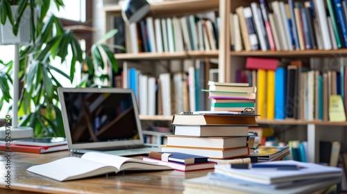 Entrepreneurial Workspace: Laptop, Notepad, and Books for Business Research and Learning photo