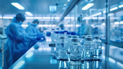 A cutting-edge Sage blue modern medical factory with advanced technology and automated machinery. This image captures the essence of health, medicine, and pharmacy production in a thriving industry.