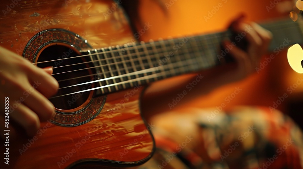 Fototapeta premium Close-Up of a Guitarist's Hand Playing a Acoustic Guitar