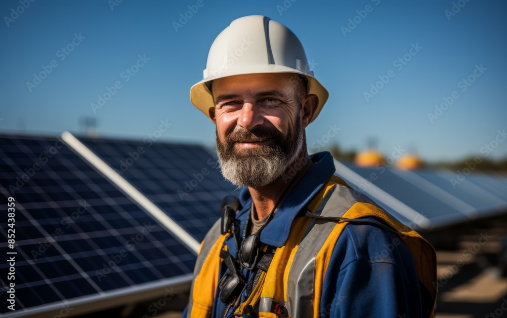 Portrait of a man at a solar station, highlighting sustainable energy and green technology for environmental and business content. Portrait of a man at a solar station, highlighting sustainable energy and green technology for environmental and business content.