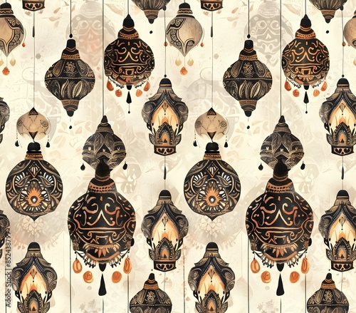 Radiant Diwali Lanterns Suspended in a Mesmerizing Woodblock Print Inspired Seamless Pattern with Intricate Paisley Motifs and Cinematic Lighting in photo