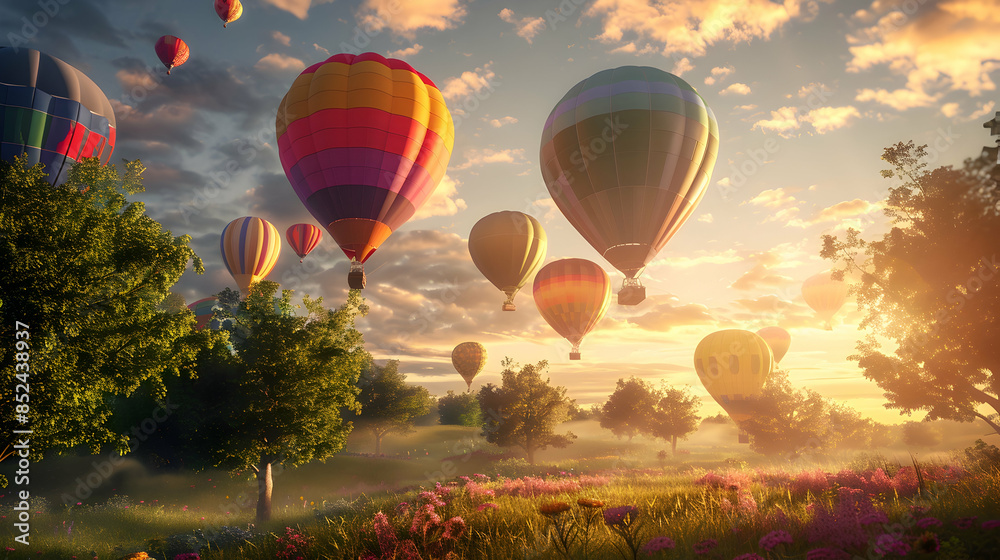 Fototapeta premium Colorful Hot Air Balloons Soaring Over a Misty Field with Sunbeams - Illustration