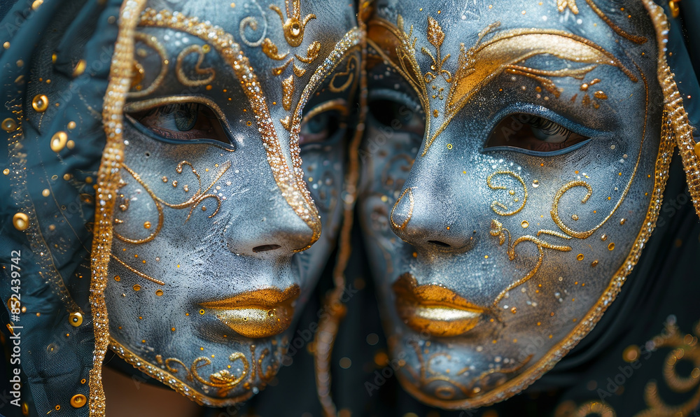 Elegant Venetian Masks in Blue and Gold for Theatre Concept Close-Up, Intricate Design, Artistic Expression, Culture and Celebration, Cosplay and Carnival Elegant Venetian Masks in Blue and Gold for Theatre Concept Close-Up, Intricate Design, Artistic Expression, Culture and Celebration, Cosplay and Carnival