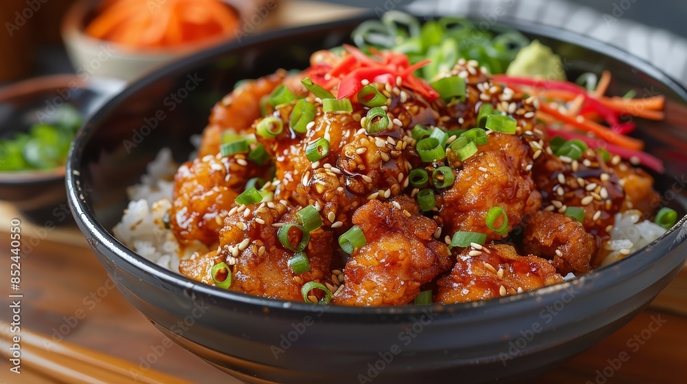 Close-up of a Delicious Chicken and Rice Bowl Topped with Sesame Seeds and Green Onions Close-up of a Delicious Chicken and Rice Bowl Topped with Sesame Seeds and Green Onions