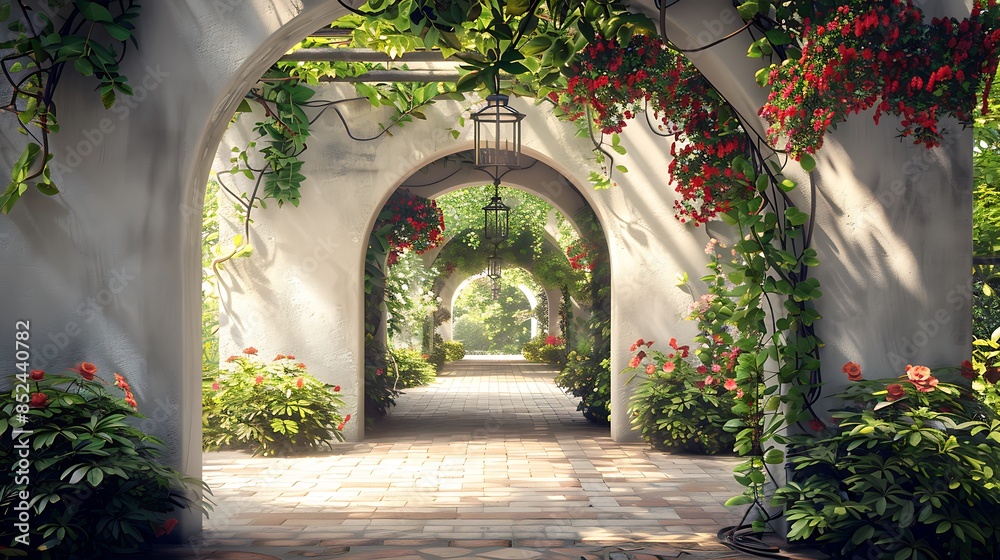 Fototapeta premium Arches supporting a garden walkway hanging a lamp on the wall very detailed and realistic shape