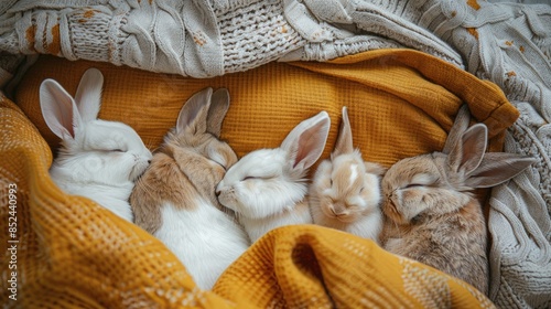Close up top view family of rabbits sleeping together on cozy bed