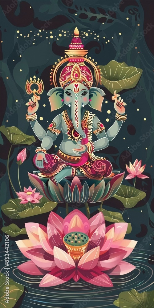 flat design illustration of ganesha statue in a lotus flower flat design illustration of ganesha statue in a lotus flower
