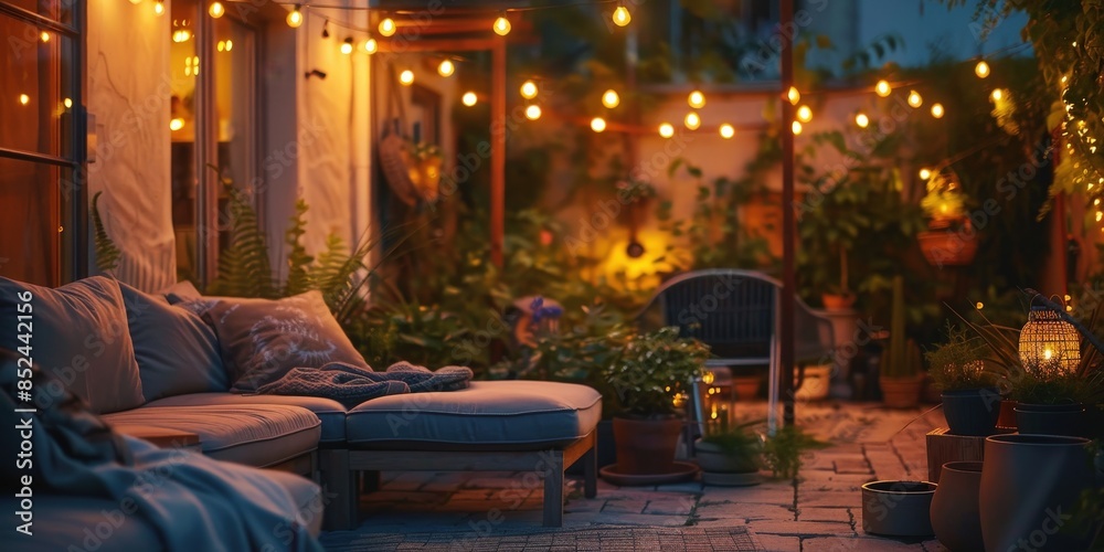 Cozy Patio with String Lights and Greenery Cozy Patio with String Lights and Greenery