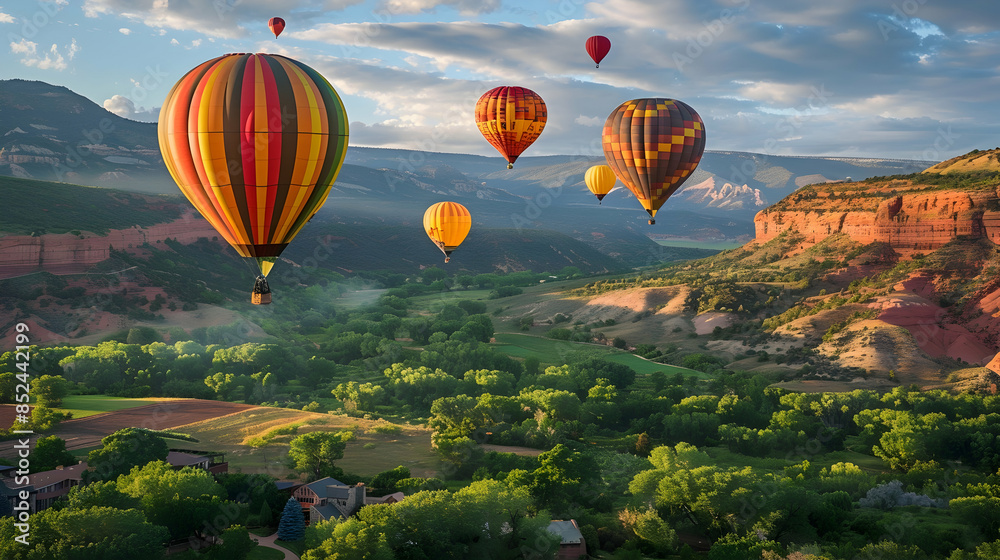 Fototapeta premium Colorful Hot Air Balloons Soaring Over a Mountain Valley Landscape Photo