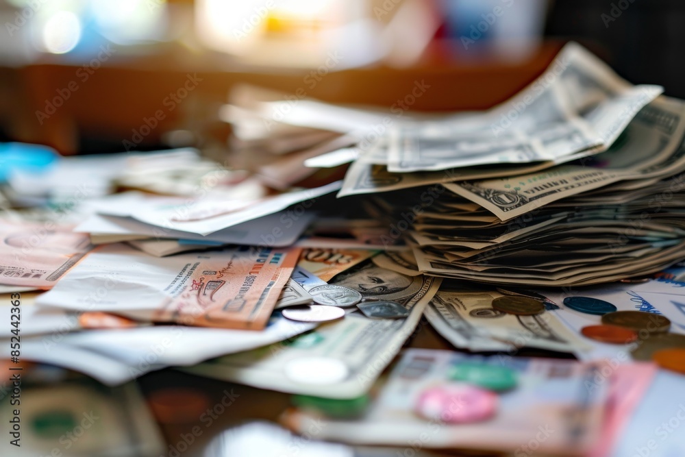 Efficient Workplace for Money Transactions. Office finance and currency management concept Efficient Workplace for Money Transactions. Office finance and currency management concept