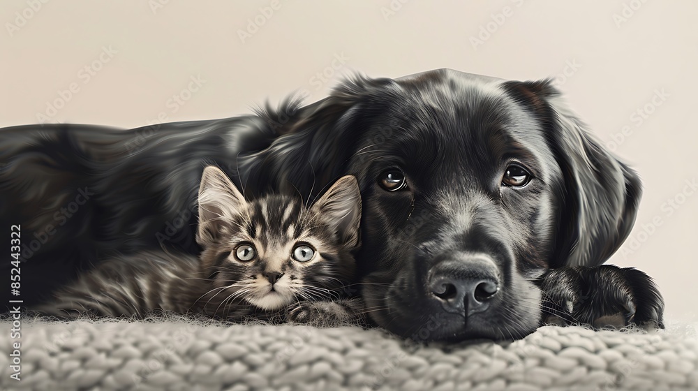 Black dog with a kitten on a soft grey background very detailed and realistic shape Black dog with a kitten on a soft grey background very detailed and realistic shape