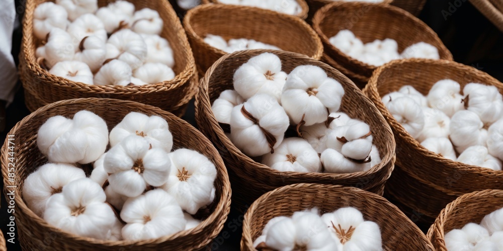 Fototapeta premium Wicker baskets filled with white cotton bolls, showcasing the natural state of the cotton before processing