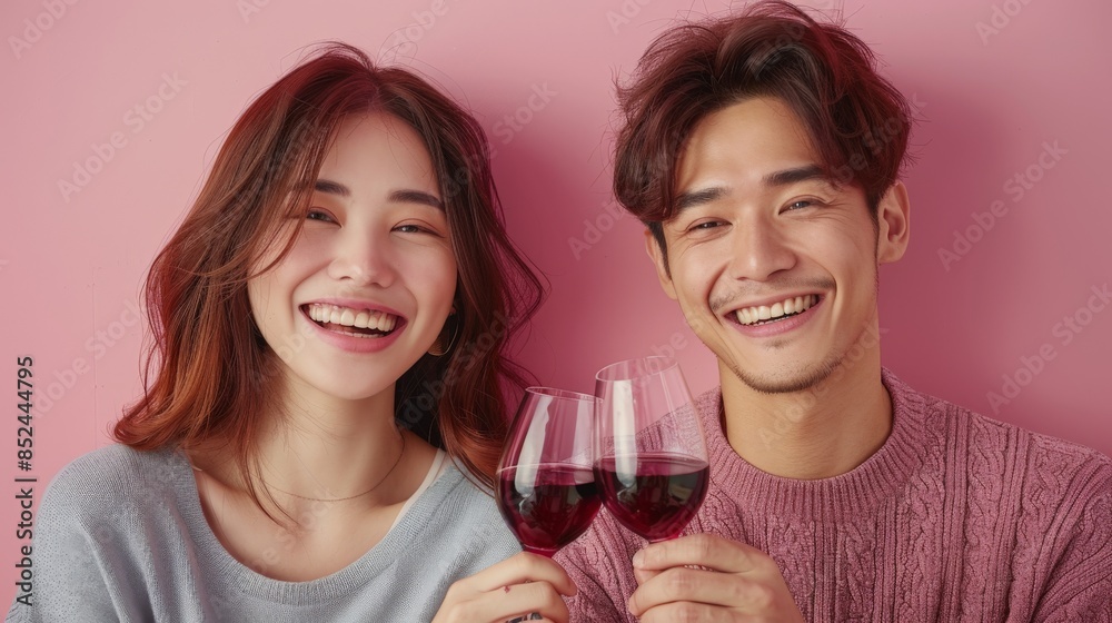 Couple Toasting with Red Wine in Front of Pink Background Couple Toasting with Red Wine in Front of Pink Background