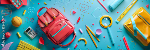 shiny background of shiny colors and abstract patterns with school supplies such as backpacks, calculators and rulers, back to school. photo