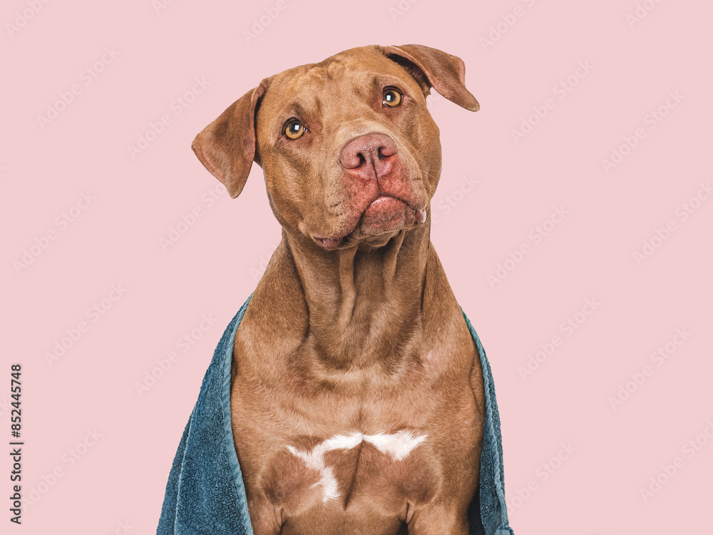 Cute brown dog and blue towel. Grooming dog. Close-up, indoors. Studio shot. Concept of care, education, obedience training and raising pets Cute brown dog and blue towel. Grooming dog. Close-up, indoors. Studio shot. Concept of care, education, obedience training and raising pets