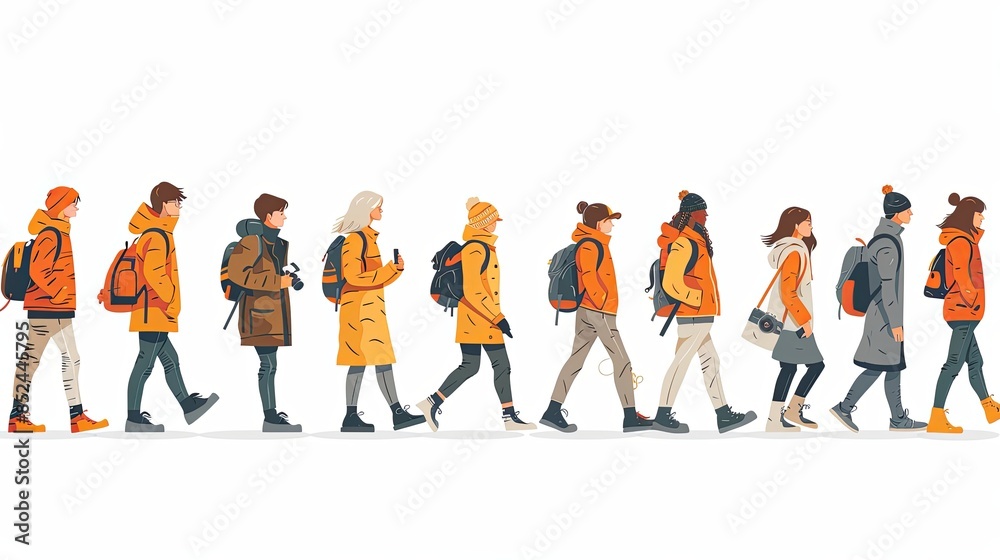 Set of walking people. Diverse pedestrians walk, tourist with camera, businessman, teenager, student or schoolgirl, courier passerby characters, young men and women, Line art flat vector illustration Set of walking people. Diverse pedestrians walk, tourist with camera, businessman, teenager, student or schoolgirl, courier passerby characters, young men and women, Line art flat vector illustration