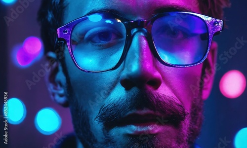 Close-up of a man's face with glasses. Blue and violet light.