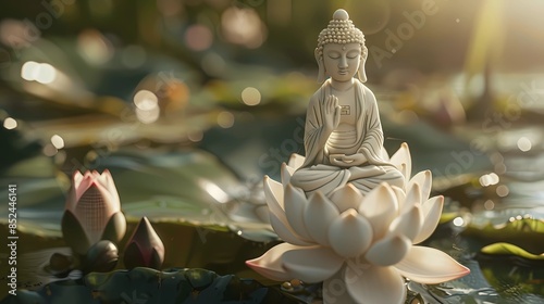 realistic photography of buddha statue at the lotus flower in the pond ilusration photo